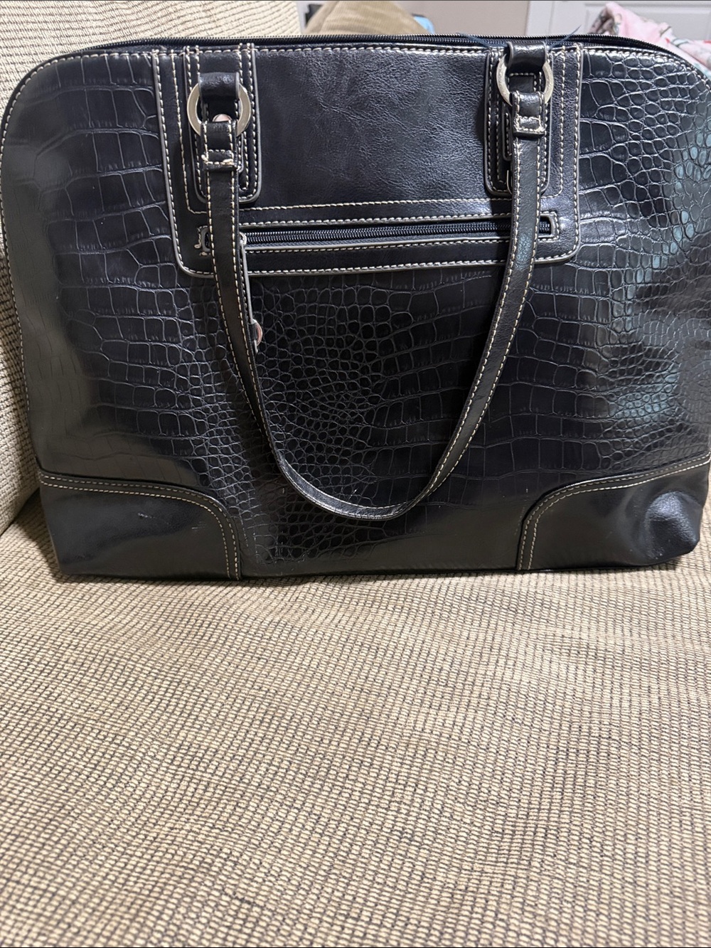 Vintage Black Croc-Embossed Laptop Shoulder Bag